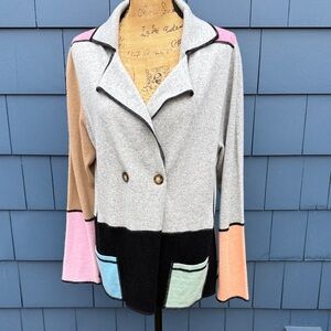 One Girl Who Colorblock Double-Breasted sweater cashmere grey blue pink orange